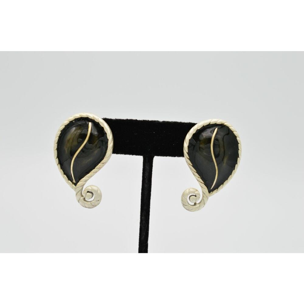 MJ Ent Vintage Leaf Earrings Black Enamel Brushed Silver Chunky Signed 1980s BnS